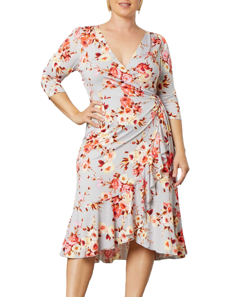 Front of a model wearing a size 2X Whimsy Ruffled Wrap Dress in ROSE GARDEN GREY by Kiyonna. | dia_product_style_image_id:268073